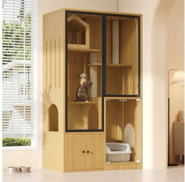 Flieks Katzenvilla Katzenhaus mit vier Stockwerken und Kratzsäule in Holzoptik mit Glastüren – Bild 1 von 5