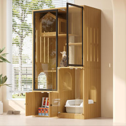 Flieks Kratzbaum Hochschrank mit Katzenhaus und Kratzpfosten aus Holz und Glas in Gelb – Bild 1 von 1