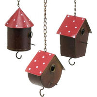 Produktbild von Floristik24 Vogelhaus zum Hängen im Fliegenpilz-Design aus Metall 3er-Set