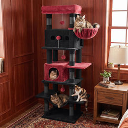 Fobyfurny großer Katzenkratzbaum aus Plüsch mit 170 cm Höhe, 2 Höhlen, Hängematte und 8 Kratzplatten – Bild 1 von 2