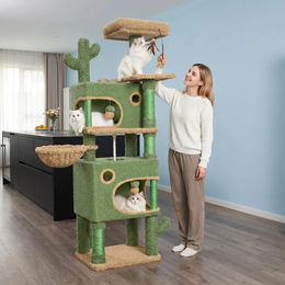 Fobyfurny Kaktus Kratzbaum für Katzen mit 165 cm Höhe, 6 Kratzplatten, 2 Plattformen, 2 Höhlen, Korb und Plüschbällchen – Bild 1 von 2