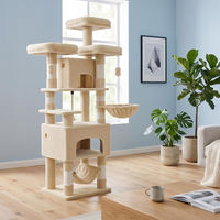 Produktbild von Fobyfurny Katzenkratzbaum Beige mit 3 Plattformen, 2 Höhlen, Hängematte und Plüschbällen für Mehrkatzenhaushalte Größe L