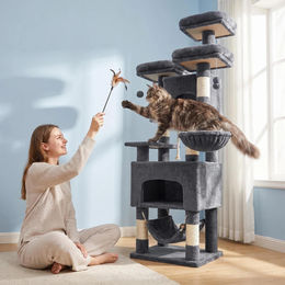 Fobyfurny Katzenkratzbaum Größe L in Grau mit 3 Plattformen, 2 Höhlen, 7 Kratzplatten, Hängematte und Plüschbällen aus Sisal für Mehrkatzenhaushalte – Bild 1 von 4