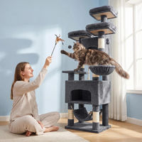 Produktbild von Fobyfurny Katzenkratzbaum Größe L in Grau mit 3 Plattformen, 2 Höhlen, 7 Kratzplatten, Hängematte und Plüschbällen aus Sisal für Mehrkatzenhaushalte