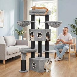 Fobyfurny Kratzbaum für große Katzen mit 2 Höhlen und Sisalstämmen, 163 cm, Grau – Bild 1 von 3
