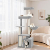 Produktbild von Fobyfurny Kratzbaum für Katzen, 144 cm hoher Katzenturm in Hellgrau mit Katzenhaus, 2 Plattformen und 4 Sisalstangen