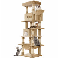 Produktbild von Fobyfurny Kratzbaum für Katzen, 210 cm hoch, beige mit 8 Kratzsäulen, 2 Höhlen, Hängematte und Plüschbällen