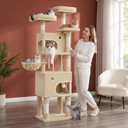 Fobyfurny Kratzbaum für Katzen in Beige mit 180 cm Höhe, 8 Kratzsäulen, 3 Plattformen, 2 Höhlen, Korb und Plüschbällen – Bild 1 von 3
