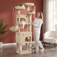 Produktbild von Fobyfurny Kratzbaum für Katzen in Beige mit 180 cm Höhe, 8 Kratzsäulen, 3 Plattformen, 2 Höhlen, Korb und Plüschbällen