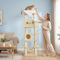 Produktbild von Fobyfurny Kratzbaum für Katzen in Beige mit 2 Höhlen, Hängematte und Waschbarer Matte, 170 cm hoch
