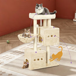 Fobyfurny Kratzbaum für Katzen in Beige mit 2 Katzenhöhlen, Hängematte und Sitzstange, 98 cm hoch – Bild 1 von 4