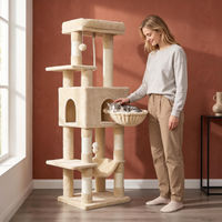 Produktbild von Fobyfurny Kratzbaum für Katzen in Beige mit 5 Kratzsäulen, Versteckhöhle und großen Plattformen, 149 cm