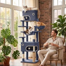 Fobyfurny Kratzbaum für Katzen in Dunkelgrau mit 203 cm Höhe, 2 Höhlen, 7 Kratzsäulen, Liegemulden und Hängematte – Bild 1 von 2