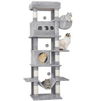 Produktbild von Fobyfurny Kratzbaum für Katzen in Hellgrau mit 170 cm Höhe, inklusive 2 Höhlen, Plattformen, Hängematte und Plüschbällen