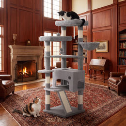 Fobyfurny Kratzbaum für Katzen mit Katzenhaus, 6 Kratzmöglichkeiten, 3 Plattformen und Katzenkorb, 153 cm – Bild 1 von 1
