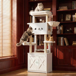Fobyfurny Kratzbaum mit Katzenklo Schrank in Weiß, 173 cm hoch mit Sisalseil, Hängematte und Futterstation – Bild 1 von 4