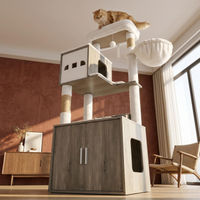 Produktbild von Fobyfurny Kratzbaum mit Katzenklo-Schrank und Futterstation, 150 cm, Greige/Beige mit Sisalsäule und Katzenkorb