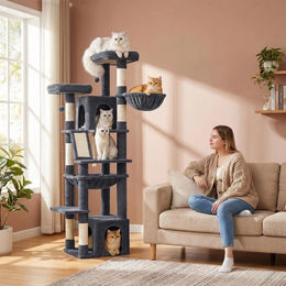Fobyfurny Kratzbaum XL in Grau mit 183 cm Höhe für Katzen mit Plattformen, Höhlen, Kratzstämmen aus Sisal und Hängematte – Bild 1 von 3