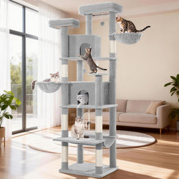 Fobyfurny Kratzbaum XXL 216 cm für Katzen in Hellgrau mit Höhlen, Hängematte und Körben – Bild 1 von 2
