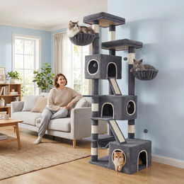 Fobyfurny Kratzbaum XXL Grau mit 209 cm Höhe für Katzen mit 7 Kratzsäulen, 3 Höhlen, 2 Plattformen, 2 Kratzbrettern, Katzenkorb, Hängematte und Plüschball – Bild 1 von 2