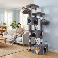 Produktbild von Fobyfurny Kratzbaum XXL Grau mit 209 cm Höhe für Katzen mit 7 Kratzsäulen, 3 Höhlen, 2 Plattformen, 2 Kratzbrettern, Katzenkorb, Hängematte und Plüschball