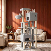 Produktbild von Fobyfurny XL Kratzbaum für Katzen mit 10 Kratzsäulen aus Sisal, 2 Höhlen, 2 Hängematten und Korb, 185 cm, Grau