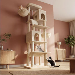 Fobyfurny XXL Kratzbaum für Katzen in Beige mit 213 cm Höhe, 2 Plattformen, 2 Höhlen, 5 Kratzstämmen, Kratzbrett, Katzenkorb und Hängematte – Bild 1 von 3