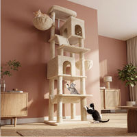 Produktbild von Fobyfurny XXL Kratzbaum für Katzen in Beige mit 213 cm Höhe, 2 Plattformen, 2 Höhlen, 5 Kratzstämmen, Kratzbrett, Katzenkorb und Hängematte