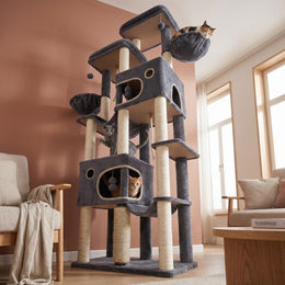 Fobyfurny XXL Kratzbaum für Katzen in Grau mit 213 cm Höhe, 2 Plattformen, 2 Höhlen, 10 Kratzstämmen, 2 Hängematten und Korb – Bild 1 von 2