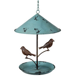 Produktbild von Formano Vogeltränke Häuschen zum Aufhängen aus Metall in antiker Optik Blau 34cm