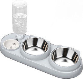 FOUORTUNATE-BEE 3-in-1 Futternapf Set mit Wasserspender für Katzen und kleine Hunde mit Edelstahl-Einsätzen und 15 Grad Neigung – Bild 1 von 4