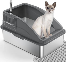 FOUORTUNATE-BEE Haubentoilette für Katzen aus Edelstahl XXL mit Katzenstreuschaufel und Doppelschicht Matte – Bild 1 von 4