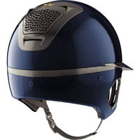 Produktbild von Freejump Vorono Reithelm aus Carbon in Blau und Matt Schwarz mit breitem Visier und Schläfenschutz