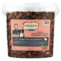 Produktbild von Fresco Dog Martin Rütter Trainingsdrops Hund Belohnungssnack Rind mit Himbeeren und Spinat getreidefrei 1 kg Eimer