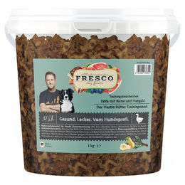 Produktbild von FRESCO Martin Rütter Trainingsknöchelchen Ente mit Birne und Mangold Monoprotein 1 kg Eimer
