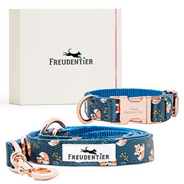 Freudentier Hundehalsband und Hundeleine Set Let's get Foxy Kollektion aus Polyester für kleine und mittelgroße Hunde Blau Gold – Bild 1 von 6