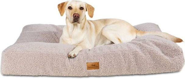 Freudentier Orthopädisches Hundekissen mit Memory Foam aus Teddystoff Größe L Greige – Bild 1 von 5