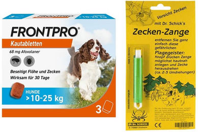 Frontpro Kautabletten gegen Zecken und Flöhe für Hunde 10-25 kg inklusive Zeckenzange – Bild 1 von 1