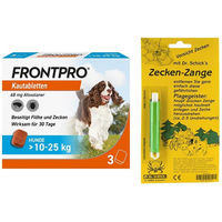 Produktbild von Frontpro Kautabletten gegen Zecken und Flöhe für Hunde 10-25 kg inklusive Zeckenzange