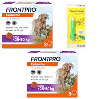 Produktbild von FRONTPRO Kautabletten von Boehringer Ingelheim zum Schutz gegen Zecken und Flöhe für große Hunde 25-50 kg 6-Monats-Set mit Zeckenzange