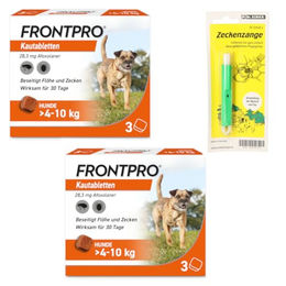 FRONTPRO Kautabletten von Boehringer Ingelheim zum Schutz gegen Zecken und Flöhe für kleine Hunde 4-10 kg 6-Monats-Set mit Zeckenzange – Bild 1 von 2