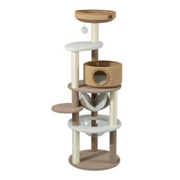 Fudajo Forest Lodge Kratzbaum beige 168 cm mit Katzenhaus, Katzenbett, Hängematte und transparenter Liegemulde – Bild 1 von 3