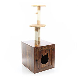 Fudajo Kratzbaum aus Holz 125 cm mit Katzenhaus und Katzenklo in Vintagebraun – Bild 1 von 1