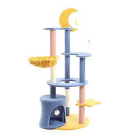 Produktbild von Fudajo Kratzbaum Mond und Sterne für Katzen in Blau Gelb mit Katzenhaus und Liegemulde 132 cm hoch