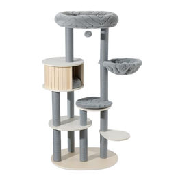 Fudajo Urban Studio Kratzbaum grau 163 cm mit Katzenhaus Hängeliege Katzenbett und Papierseil-Kratzstämmen – Bild 1 von 1