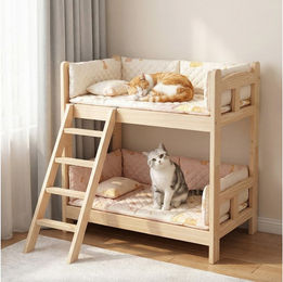 FUFU&GAGA Katzenhaus aus Massivholz als Etagenbett für Katzen und kleine Hunde in Natur und Braun – Bild 1 von 5