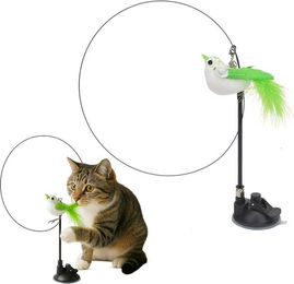 FUNFY Interaktives Katzenangel Spielzeug mit grünem Vogel und Federn für alle Altersstufen mit Saugnapf und 2 Spielmodi – Bild 1 von 10