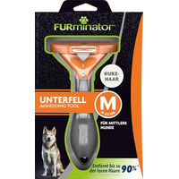 Produktbild von Furminator deShedding-Bürste für kurzhaarige mittelgroße Hunde in Schwarz-Orange mit Edelstahl-Elementen