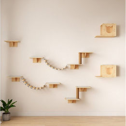 Produktbild von FURPAL Katzen-Kletterwand 12-teiliges Katzenregal-Set aus Holz in Beige mit Katzenbrücke, Leiter, Korb, Katzenhaus und Kratzbaum zur Wandmontage