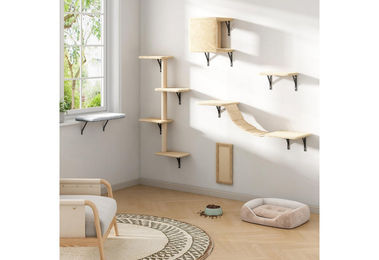 FURPAL Katzen-Kletterwand 5-teiliges Set aus Holz als wandmontiertes Kratzbaummöbel für Katzen in Beige und Natur – Bild 1 von 3